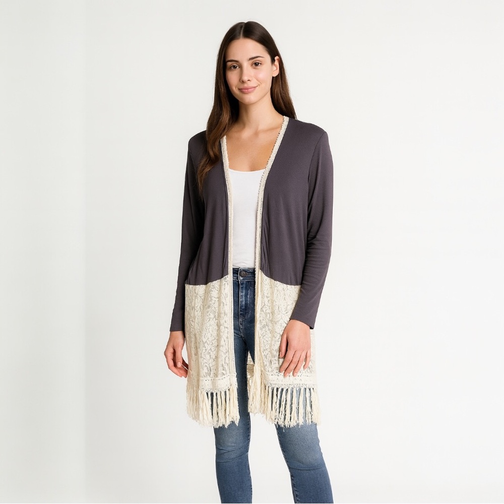 Umgee Open Front Lace Fringe Cardigan Boho Cottagecore | Size M